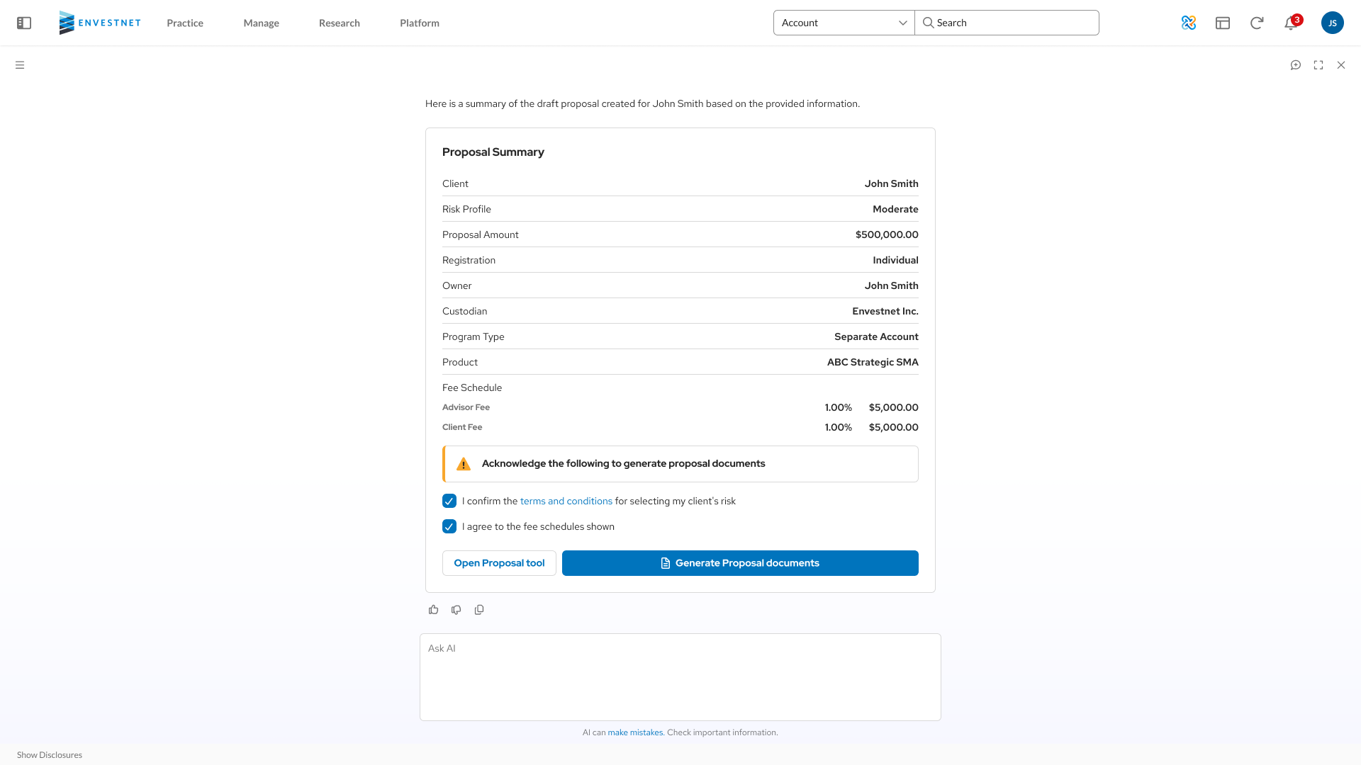 A summary to review before documents are generated
