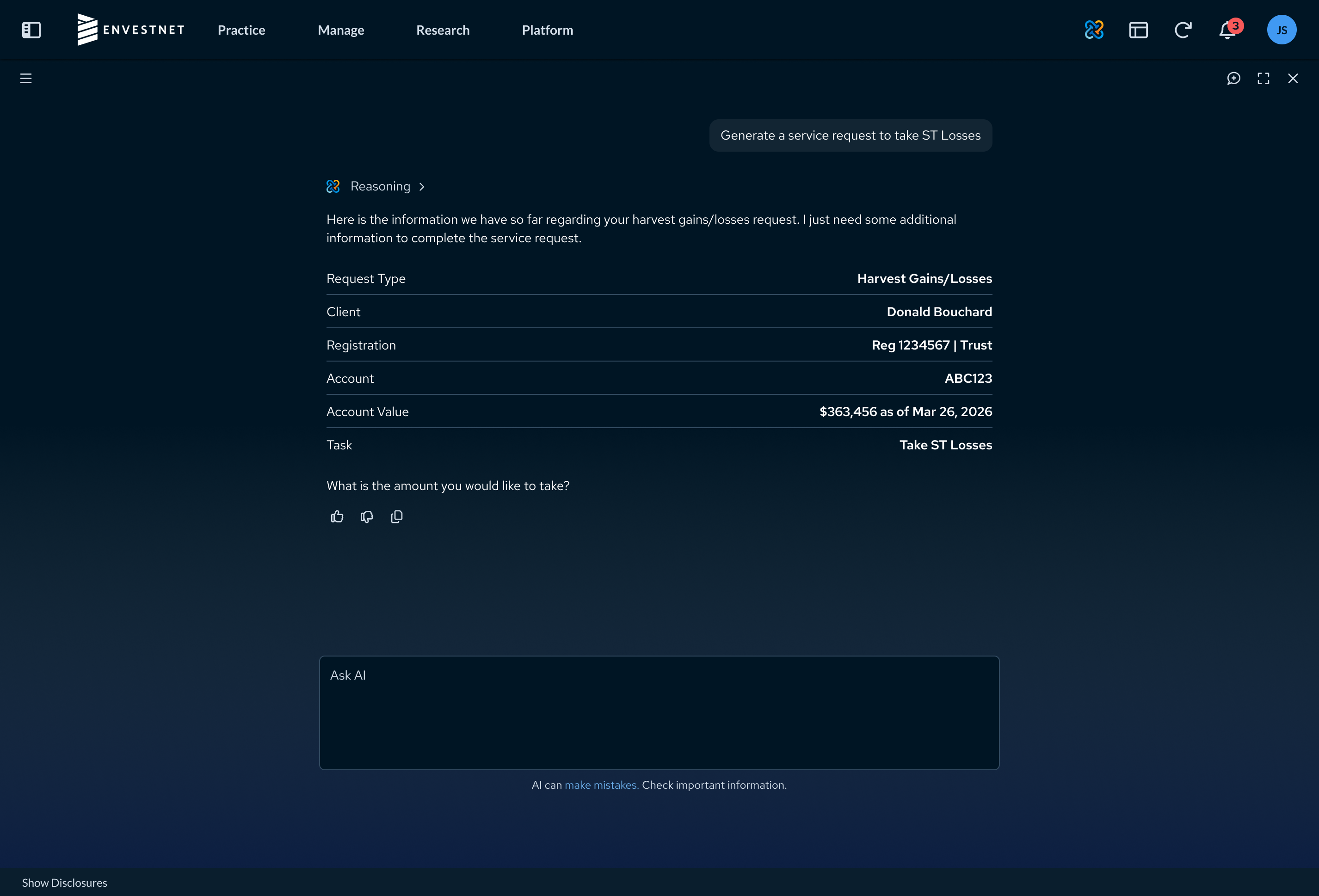 A conversation guides users from request to submission