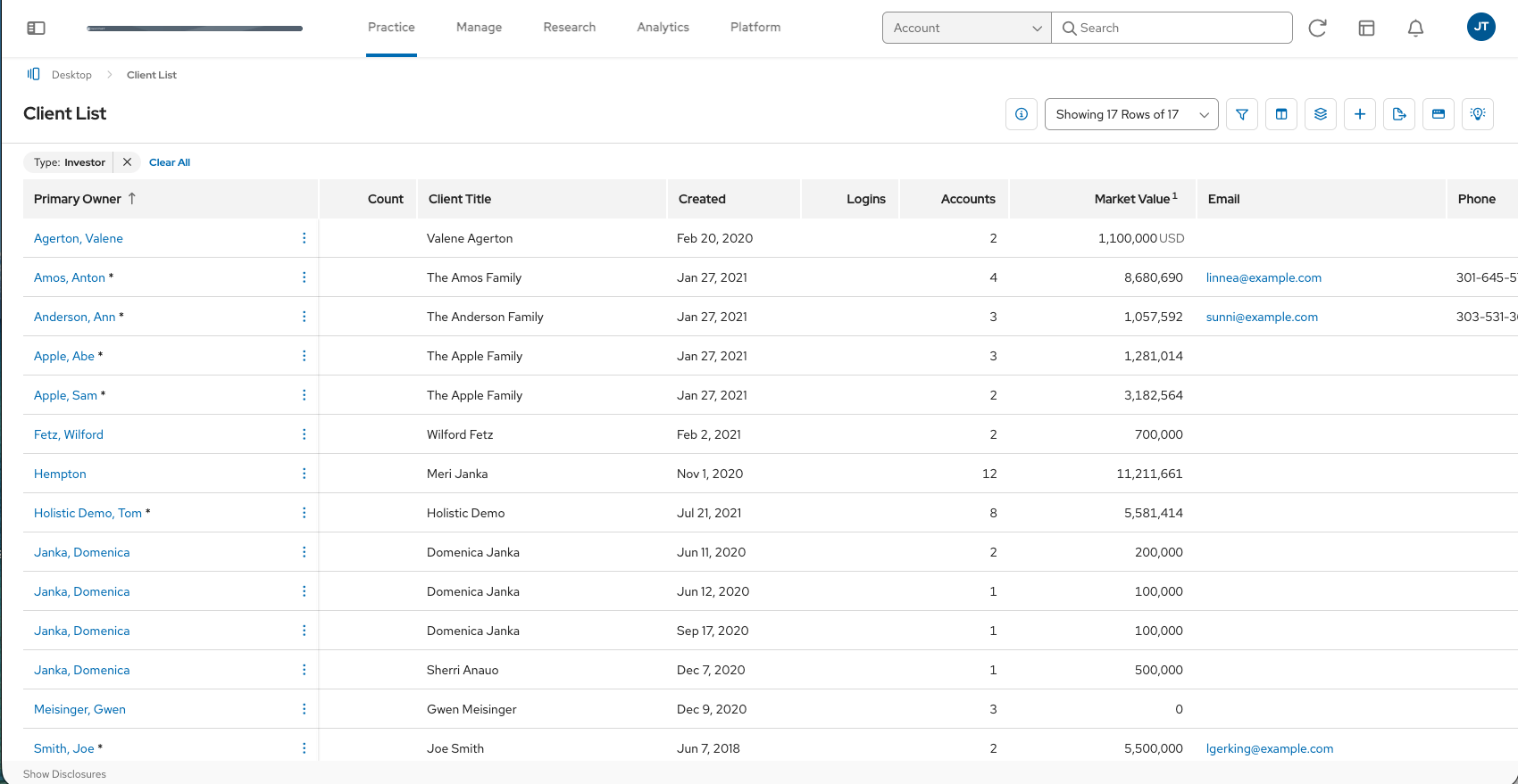 Client list with tabs and filters